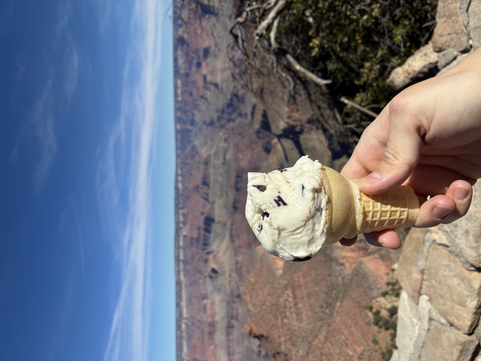 A hand holding an ice cream cone against the vast backdrop of the Grand Canyon.