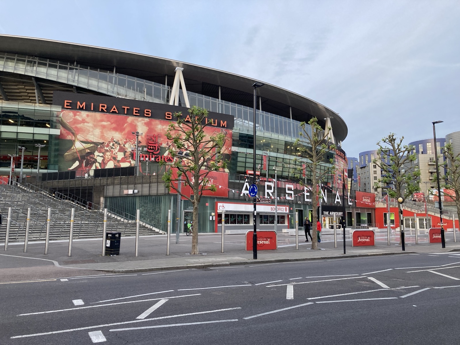 The exterior of the Emirates Stadium, Arsenal's home ground in London, quiet before a match.